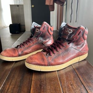 Salvatore Ferragamo Men's Red Brown Leather Sneakers
